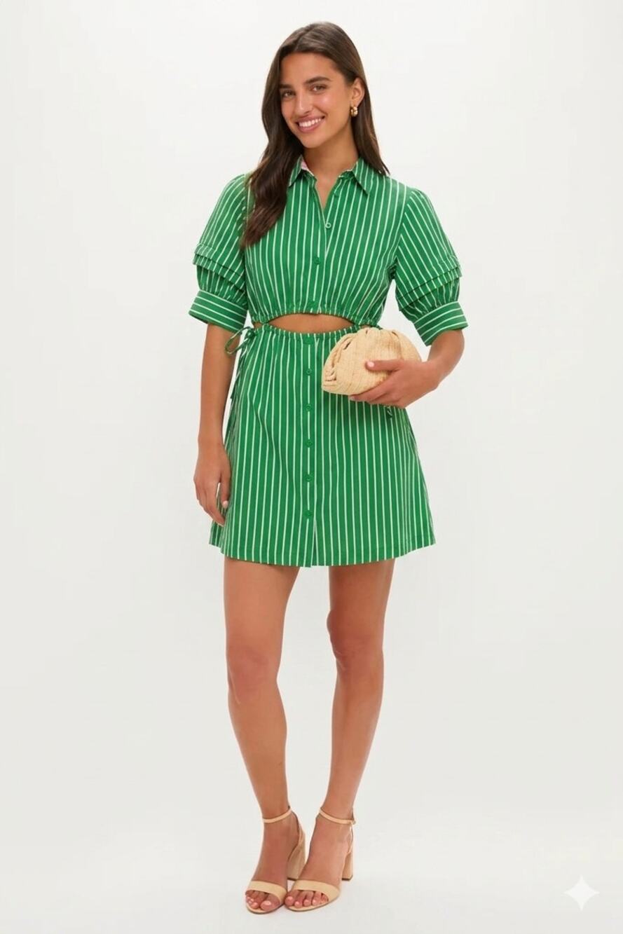 Walter Baker Meera Green White Striped Cutout Cotton Shirtdress S